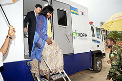 Health Minister Dr. Agnes Binagwaho with Korean Vice Foreign Minister Min Dong Seok after touring the Mobile Clinics on Wednesday. The New Times/ John Mbanda.