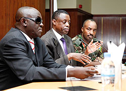 (L-R)James Ndahiro, Defence Minister Gen. James Kabarebe  and CDS Lt Gen. Charles Kayonga at the CSS annual meeting yesterday. The New Times/  Timothy Kisambira.