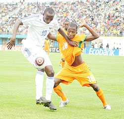 Proline Academy striker Andrew Buteera shields the ball from an Ivory Coast player in the Caf U-17 Championship early this year. He is one of six professionals summoned to the Amavubi squad. The New Times / File