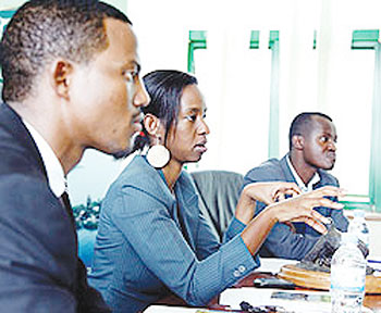 (L-R) Peter Katanisa senior Product development and facilities officer, Rica Rwigamba, Head of the Tourism and Conservation, and Faustin Karasira Division Manager RDB during the press conference on Thursday. The New Times / Timothy Kisambira.