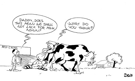 People relocated from Gishwati forest to Rutsiro District, yesterday received 76 cows from the Rwanda Red Cross Society.