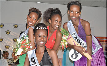 All smiles! The winner of Miss SFB 2011 Natacha Uwamahoro (clad in a black dress) poses for a photo, with 1st Runner-up Carmen Akineza (R), Miss Popularity Rachel Umukunzi (C) and 2nd Runner-up San