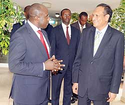 Prime Minister Pierre Damien Habumuremyi (L) chats with East Timor Deputy Premier Josu00e9 Luu00eds Guterres after their meeting in Kigali. The New Times / J. Mbanda.