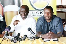 Cecafa President Leodegar Tenga (L) and SG Nicholas Musonye at yesterdayu2019s draw in Dar es Salaam, Tanzania. The  New Times/Courtesy