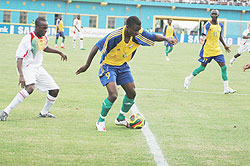 Baby (R) came off the bench to equalise for Amavubi yesterday. The New Times/File photo.