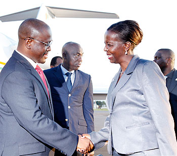 Foreign Affairs Minister Louise Mushikiwabo greets Ivorian Premier Guillaume Soro. Soro who was in the country for the UN post conflict peace building conference said that Rwandau2019s recovery process is inspiring. The New Times/Timothy Kisambira