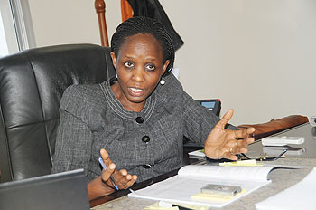 Minister Kalibata speaking to The New Times at her office. The New Times / J. Mbanda