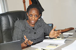 Minister Kalibata speaking to The New Times at her office. The New Times / J. Mbanda