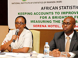 Acting Director General of NISR, (L) together with Acting PS of MINECOFIN Emata Dusenge at the meeting yesterday.  The New Times / T. Kisambira