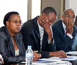 Josephine Uwababyeyi Director of Finance and logistics, James Kamanzi PS and Jean de Dieu Hakizimana the Director General in the Ministry of Infrastructure during their appearance before the PAC yesterday. The New Times / T. Kisambira