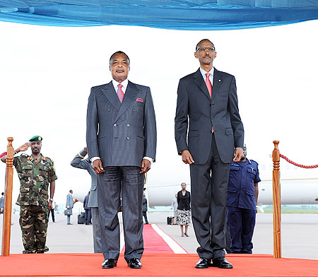 Presidents Kagame and Denis Sassou N'Guesso of the Republic of Congo, shortly after the latter's arrival in Kigali, yesterday. The New Times / Urugwiro Village.