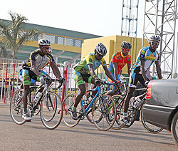 Karisimbi rider Gasore Hategeka (C) is hoping to build on yesterdayu2019s impressive display. The youngster is second in the general classification. The New Times / File.