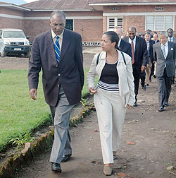 Susan Rice (R) talks to Jean Sayinzoga, Chairman Rwanda Demobilisation and Reintegration Commission on a tour of Mutobo Reintegration Centre during her last visit in 2009. The New Times / File.