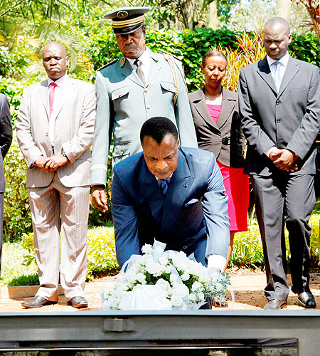 President Denis Sassou Nu2019Guesso of the Republic of Congo lays a wreath at the Kigali memorial center, yesterday. The New Times / Timothy Kisambira.