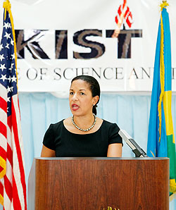 The United States Permanent Representative to the UN, Ambassador Susan E. Rice addressing government officials and academics at KIST. The New Times /Timothy Kisambira