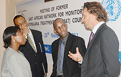 (L-R) Dr.Corine Karema in charge of Malaria control at RBC, Dovlo Delanyo of WHO,Leon Mutesa also from RBC and Regional malaria Advisor Africa-Dr. Alastair Robb at the meeting. The New Times / J. Mbanda.