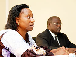 NHRC chief, Zainabu Sylvie Kayitesi, and commissioner Laurent Nkongoli address reporters in Kigali yesterday.