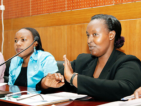 The NWC president Francesca Tengera(R)  with, her deputy  Rose Uwineza during a news conference ahead of the GBV campaign launch yesterday. The New Times / T. Kisambira