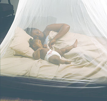 Sleeping under an insecticide treated mosquito net helps to prevent malaria.  Net  Photo