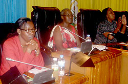 L-R Senator Henriette Umurisa, Josephine Irene  Uwamariya and Alphonsine Mukarugema at the meeting yesterday.  The New Times / G. Mugoya.