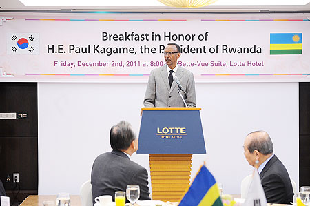 President Kagame speaking at the breakfast, yesterday. The New Times / Village Urugwiro.
