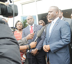  Ivorian Premier Guillaume Soro (R) speaks to journalists during his recent visit in Kigali. The two countries are strengthening ties. The New Times /File.