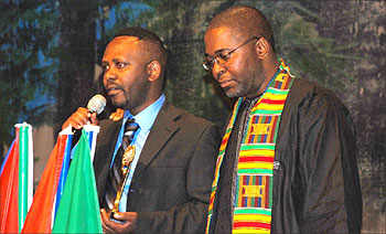 Gilbert Ndahayo speaks after receiving awards for his film u2018Rwanda; Beyond The Deadly Pitu2019 at Silicon Valley African Film Festival in California this october