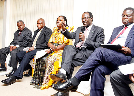 (R-L)Robinson Githae-Minister of Nairobi Metropolitan, Mayor Fidele Ndayisaba, Kabakumba Matsiko , Evariste Nsengiyumva-PS in the Ministry of Home Affairs, Burundi, and Capt George Mkuchika from the Tanzanian Office of Prime Minister.  TNT / T. Kisambira.