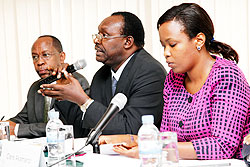 (L-R) RDB boss John Gara, Trade Minister Francois Kanimba and Clare Akamanzi also of RDB at the meeting on competitiveness yesterday. The New Times / Timothy Kisambira.