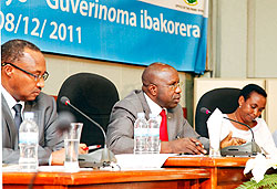 (L-R) Minister Protais Musoni, PM Pierre Damien Habumuremye and Minister Aloisea Inyumba during the talk show at Telecom House yesterday. The New Times / T.Kisambira.