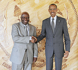 President Kagame with the outgoing FAO Director, Dr Jacques Diouf, at Village Urugwiro, yesterday. The New Times /Village Urugwiro.