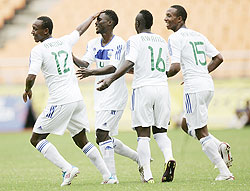 Amavubi players celebrate their winning goal against Sudan. The New Times / File.