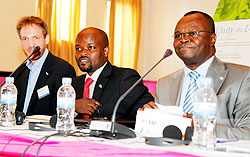 L-R: UNVu2019s Ivan Dielens, Minister Jean Philbert Nsengimana and the UN Resident Coordinator Aurelien Agbenonci at the meeting yesterday. The New Times / T. Kisambira