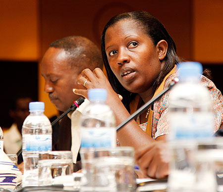 Governor Odette Uwamariya of Eastern Province makes an observation during the dialogue yesterday in Kigali. The New Times / Timothy Kisambira.