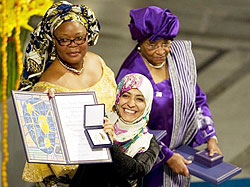 The 2011 Nobel Peace Prize laureates, Ellen Johnson Sirleaf (R), Leymah Gbowee (L) and Tawakkol Karman. AFP Photo