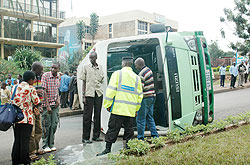 An accident scene in Kigali. A police report indicates that road accidents reduced by 16 percent. The New Times / File.