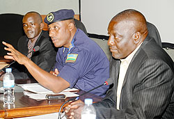 Chief of Police Operations,  Emmanuel  Butera (C), with Paterne Rwigema of the Ministry of Education (R) and the Executive Secretary of the National Youth Council, Alphonse Nkuranga, during the town hall meeting yesterday. The New Times/J.Mbanda.