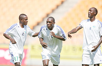 Meddie Kagere (C) celebrates after scoring his second goal in the 2011 Cecafa Tusker Challenge Cup. The New Times / File.