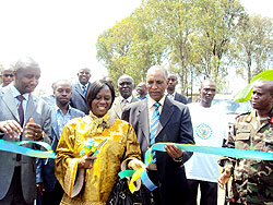 State Minister of Local Government, Alvera Mukabaramba and RDRC chairman, Jean Sayinzoga (Center), in Muyanja site, Ruhango. The New Times / D. Sabiiti