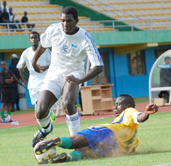 Jessy Reindorf, who plays for Italy's Bologne Fc scored the first goal for TPP side in a friendly match against Amavubi Stars played yesterday at Amahoro stadium. The New Times / E. Niyonshuti