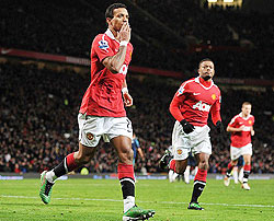 Happy days Nani celebrates his winner against Stoke. (Net photo)