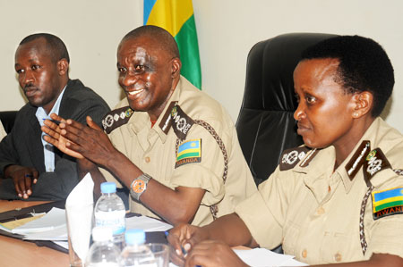 FRONT (L-R) Anastase Nabahire, a commissioner in RCS, Prisons boss Paul Rwarakabije and his Deputy Mary Gahonzire during the news conference yesterday. The New Times / J. Mbanda