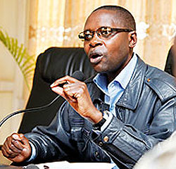 State Minister Mathias Harebamungu addressing the media yesterday. The New Times / Timothy Kisambira.