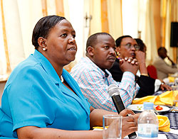 (L-R) Amb. Fatuma Ndangiza, Deputy CEO Rwanda Governance Board, Cyril Turatsinze,  PS in the Ministry of Local Government, and  Marie Immaculee Ingabire, Chairperson of Transparency Rwanda, at a meeting in Kigali yesterday. 