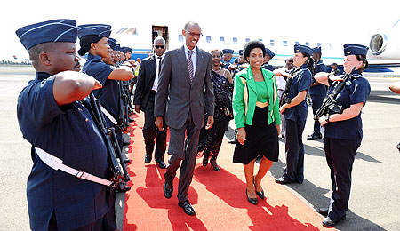 President Kagame on arrival in South Africa for the ANC's Centenary celebrations yesterday. The New Times / Village Urugwiro