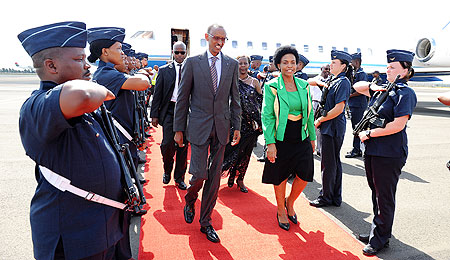 President Kagame on arrival in South Africa for the ANC's Centenary celebrations yesterday. The New Times / Village Urugwiro