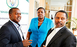 (L-R)Cyril Turatsinze, PS in MINALOC,  Amb. Fatuma Ndangiza, Deputy CEO  Rwanda Governance Board, and Prof. Anastase Shyaka, the Chief Executive Officer RGB chatting after a meeting  on Friday in Kigali. The New Times / File.  