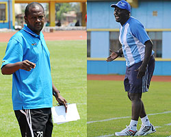 L-R: La Jeunesse coach Emmanuel Ruremesha, Rayon Sports coach Jean Marie Ntagwabira. The New Times / File 