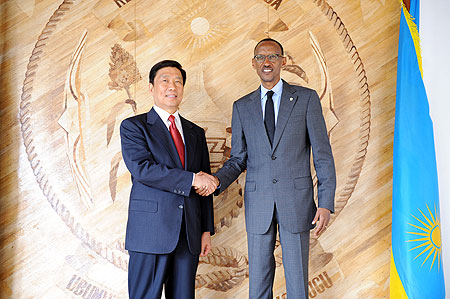 President Kagame with Li Yuanchao, Member of CPCu2019s Political Bureau and Secretariat, after their meeting yesterday. The New Times / Village Urugwiro.