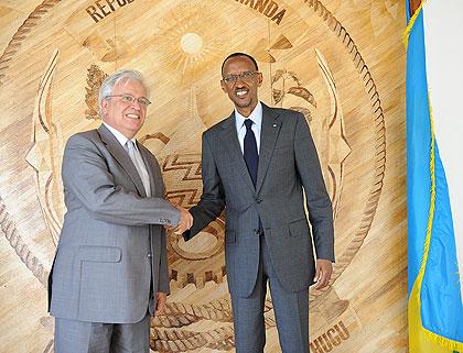 President Kagame with Dr. Joan Clos, the Executive Director of UN Habitat after their meeting yesterday in Kigali. The New Times / Village Urugwiro.